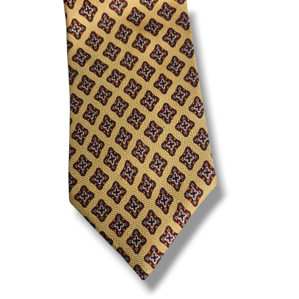 Oscar de la Renta Mens 100% Silk Tie Yellow Burgundy Navy Print Made In USA